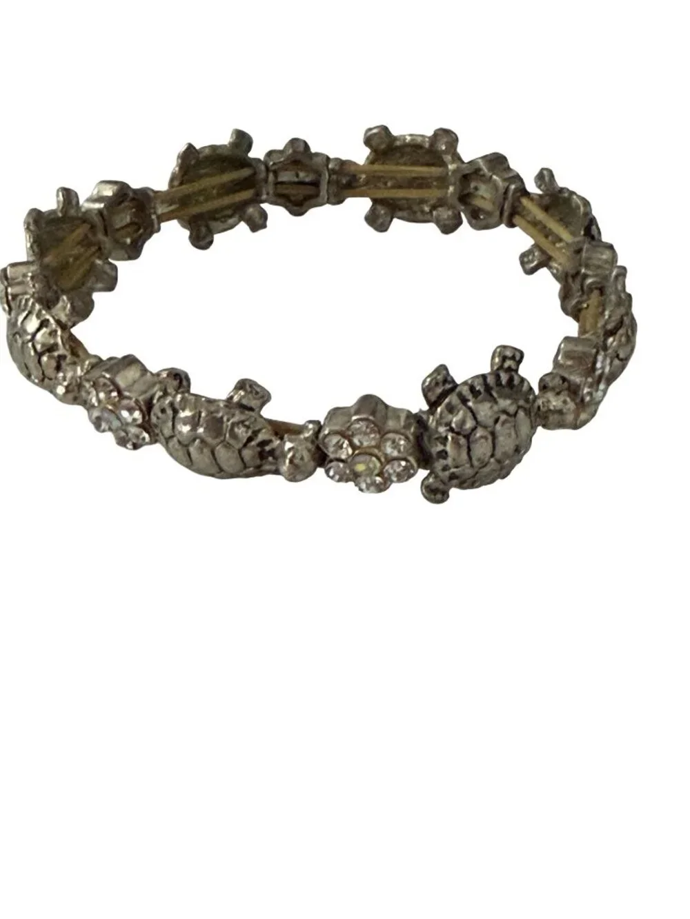 Vintage Silver Tone Sea Turtle Rhinestone Link Bracelet Coastal Ocean Jewelry